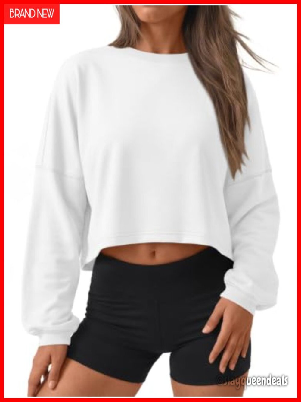 Cropped Crewneck Sweatshirt Long Sleeve Cotton Spandex Loose Fit Pullover